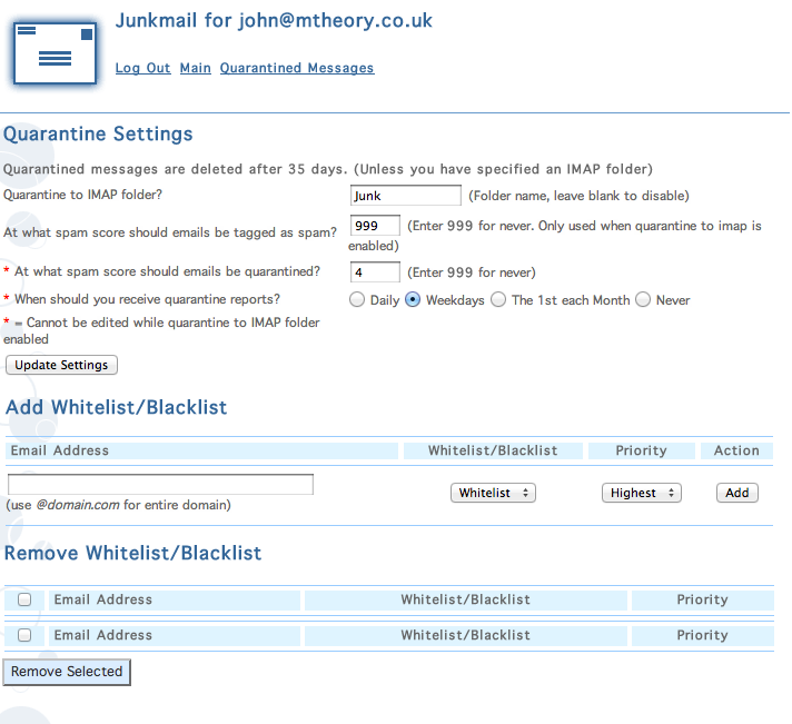 Junkmail settings options Junkmail settings options