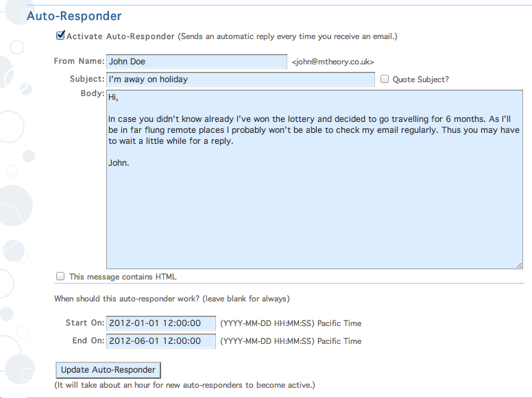 Screen shot auto-responder Screen shot of auto-responder